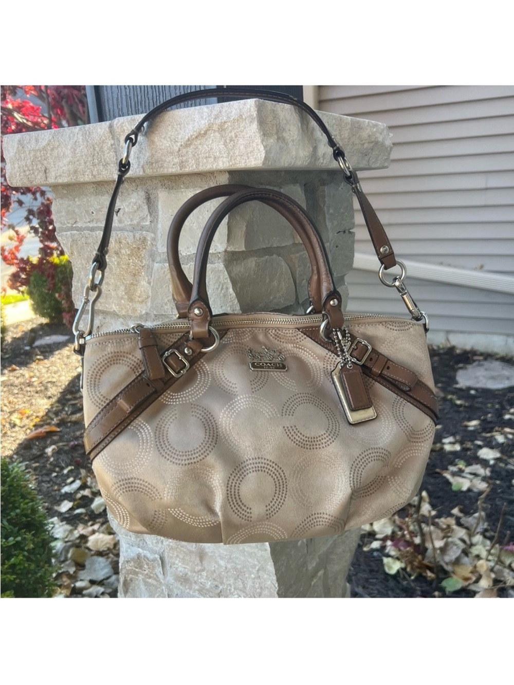 COACH Madison Dotted Op Art Khaki Tan Canvas Brown Leather Trim Handbag Y2k